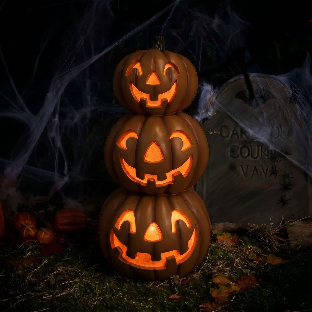 Halloween 80cm Stacked Smiling Pumpkins Ornament with Multicoloured  LED Lights