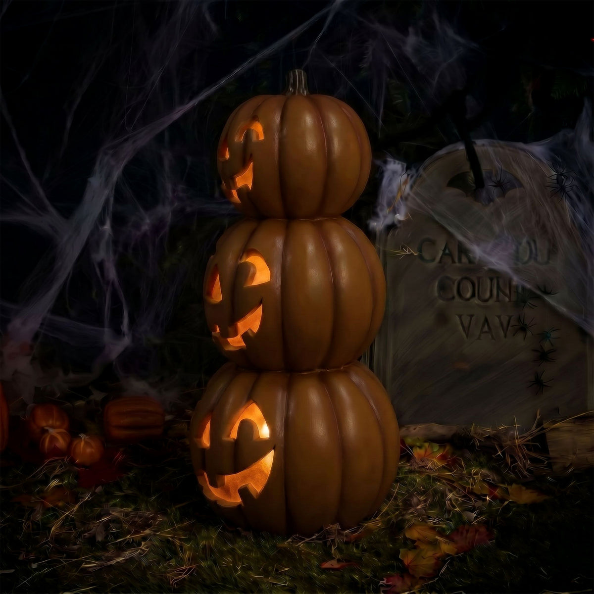 Halloween 80cm Stacked Smiling Pumpkins Ornament with Multicoloured  LED Lights