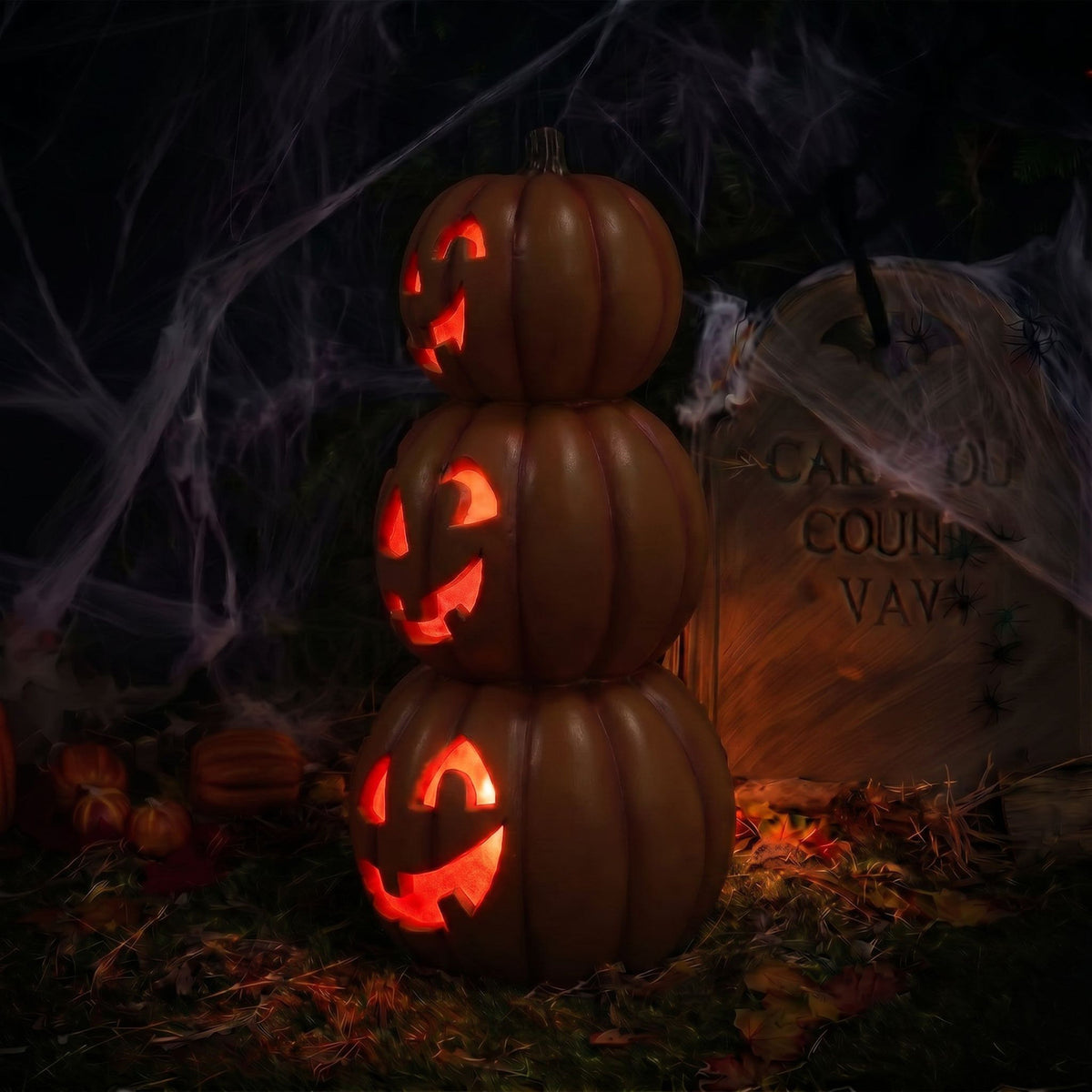 Halloween 80cm Stacked Smiling Pumpkins Ornament with Multicoloured  LED Lights