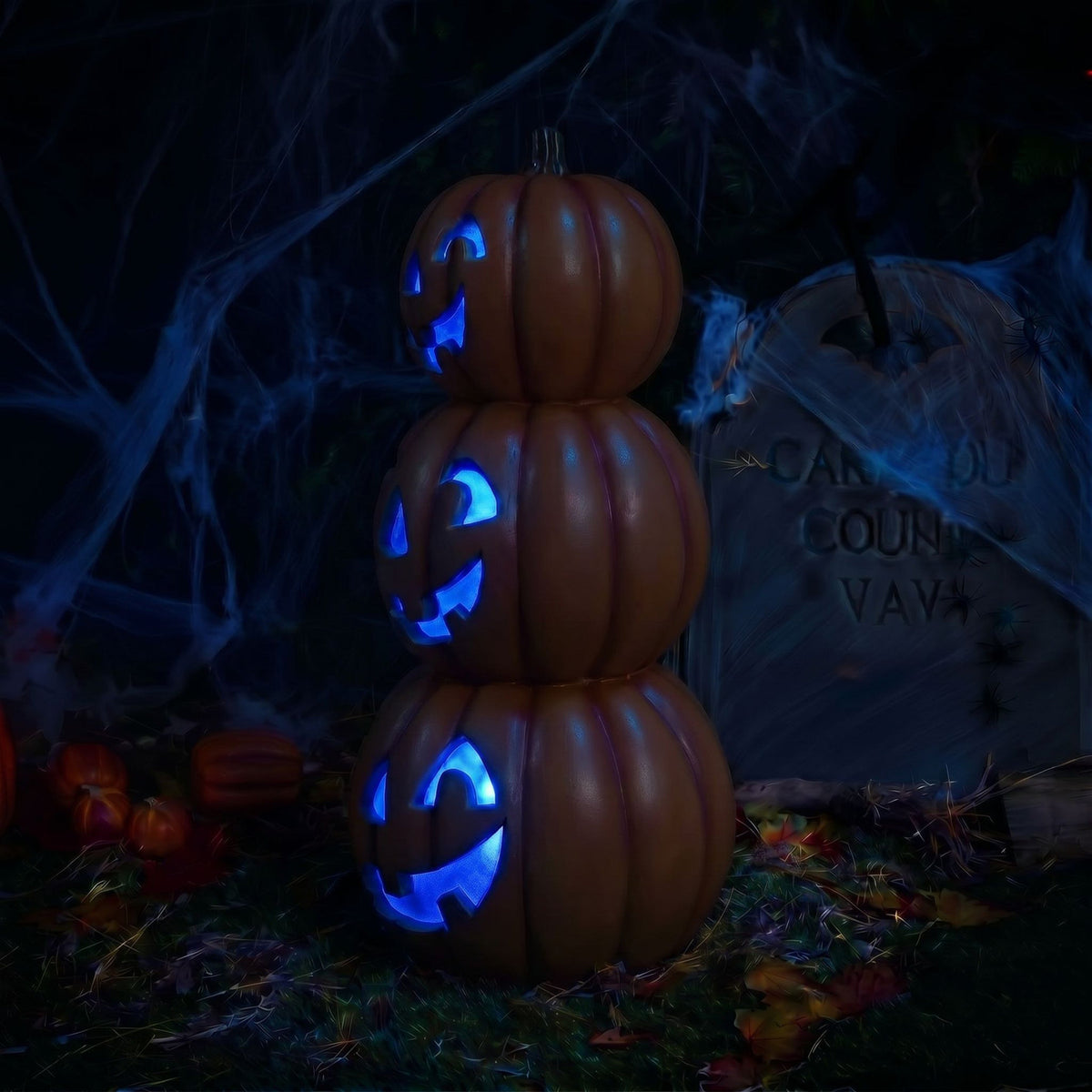 Halloween 80cm Stacked Smiling Pumpkins Ornament with Multicoloured  LED Lights