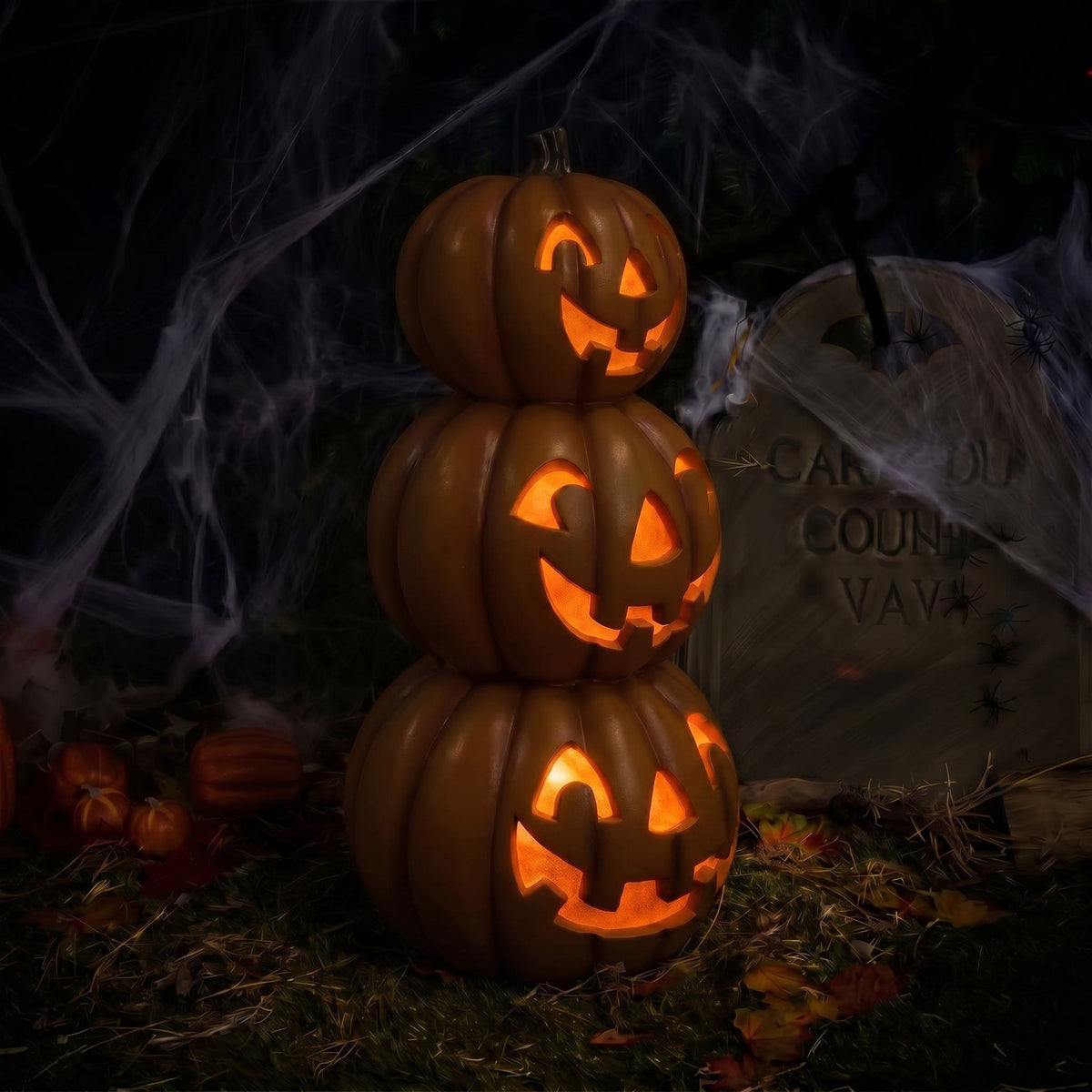 Halloween 80cm Stacked Smiling Pumpkins Ornament with Multicoloured  LED Lights