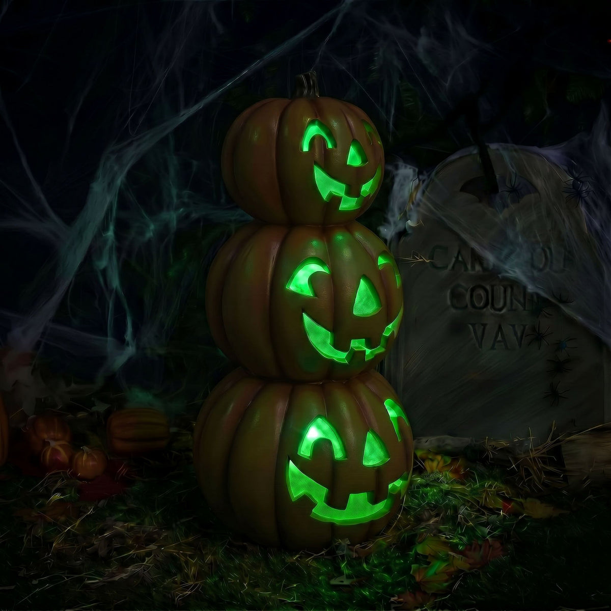 Halloween 80cm Stacked Smiling Pumpkins Ornament with Multicoloured  LED Lights