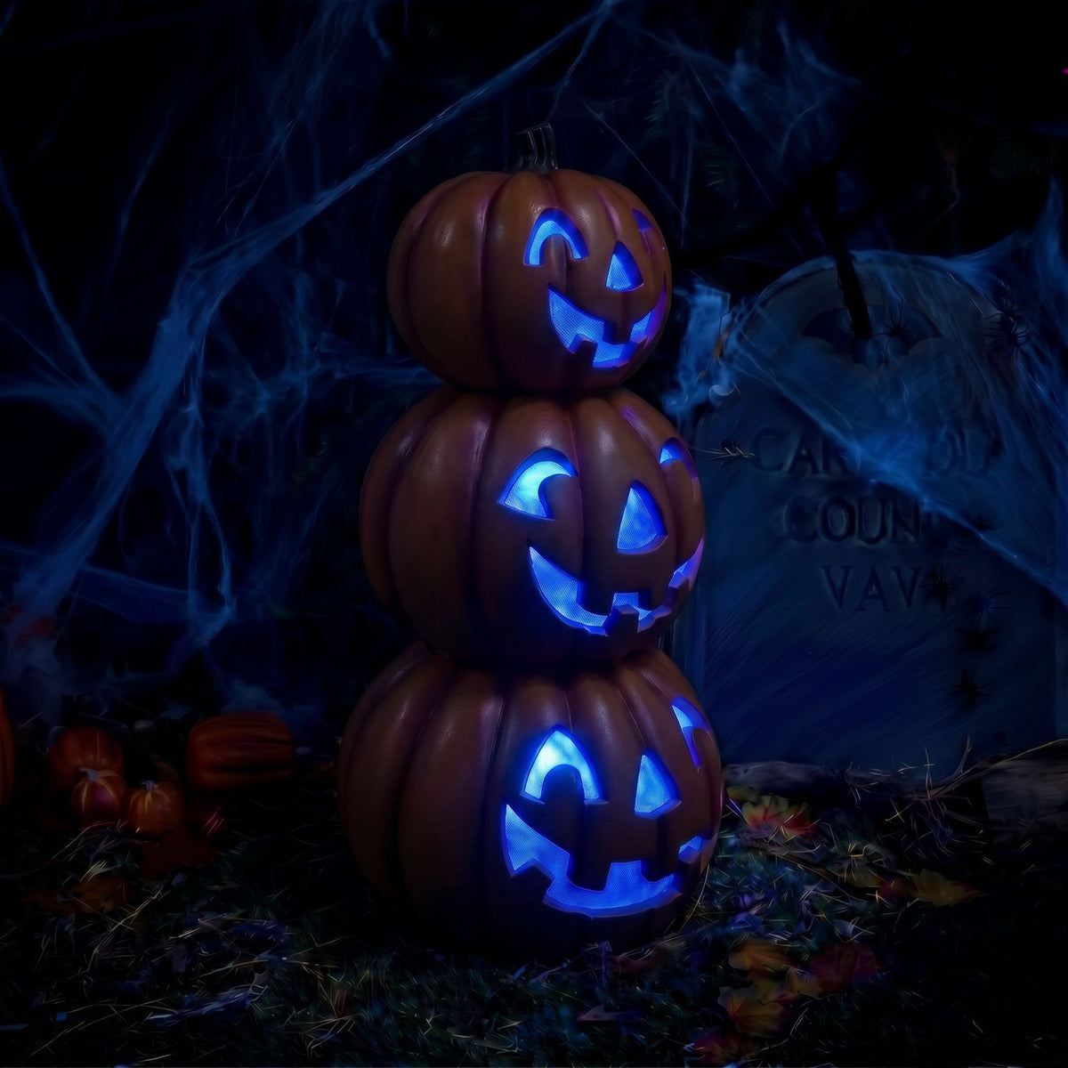 Halloween 80cm Stacked Smiling Pumpkins Ornament with Multicoloured  LED Lights