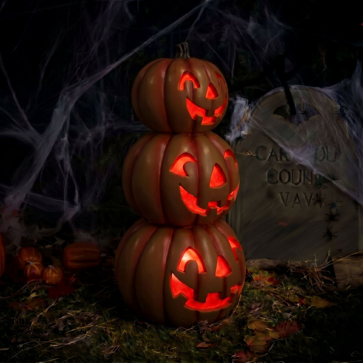Halloween 80cm Stacked Smiling Pumpkins Ornament with Multicoloured  LED Lights