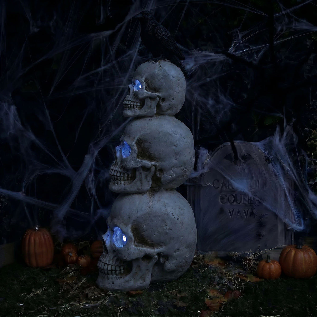 Halloween 4ft Stack of Skulls Ornament with Raven and Multicoloured LED Lights