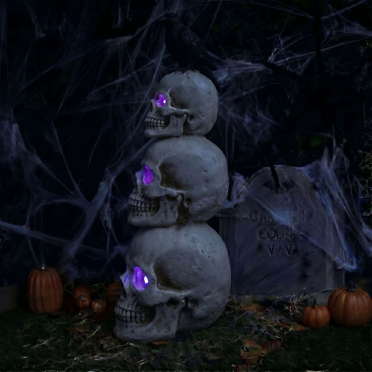 Halloween 4ft Stack of Skulls Ornament with Raven and Multicoloured LED Lights