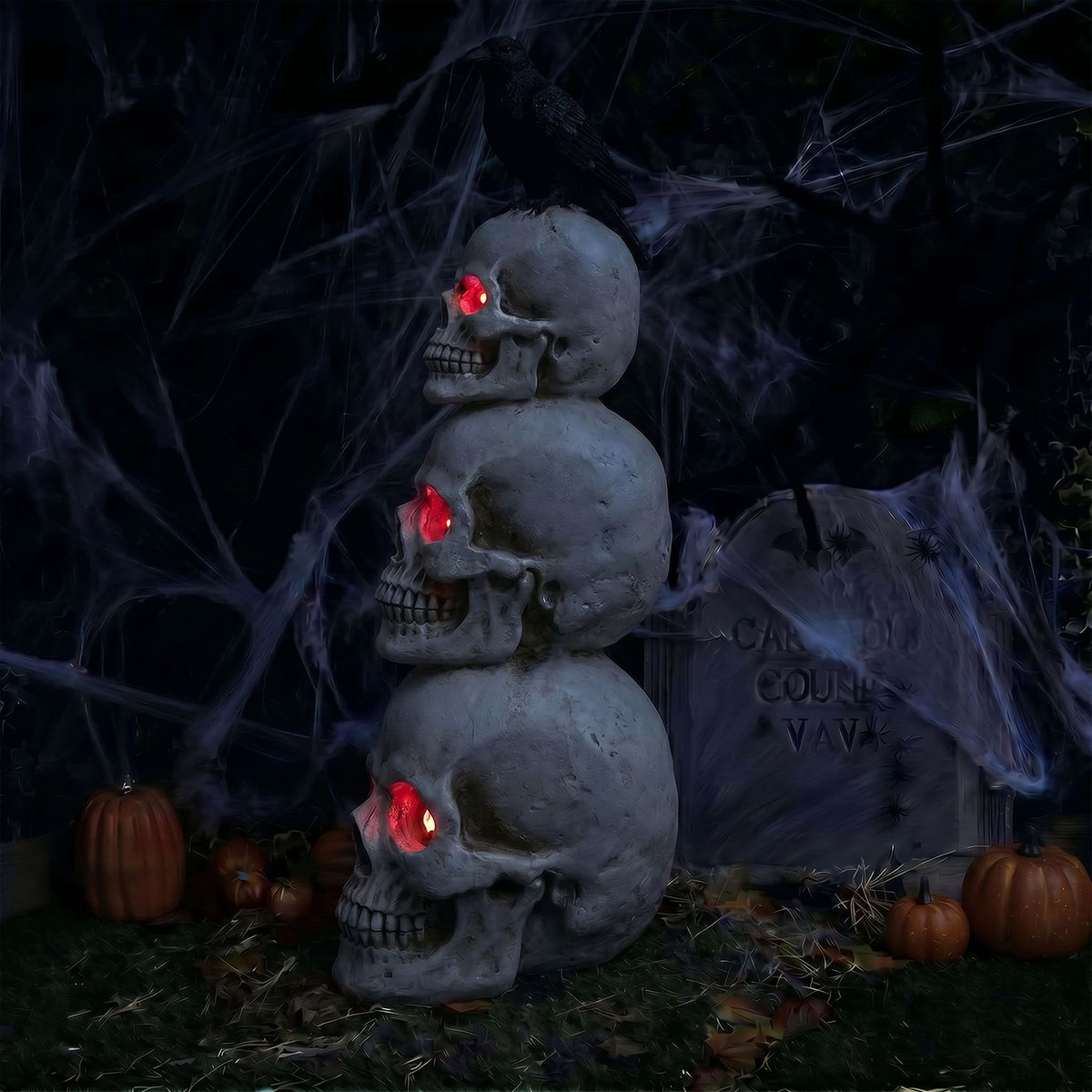 Halloween 4ft Stack of Skulls Ornament with Raven and Multicoloured LED Lights