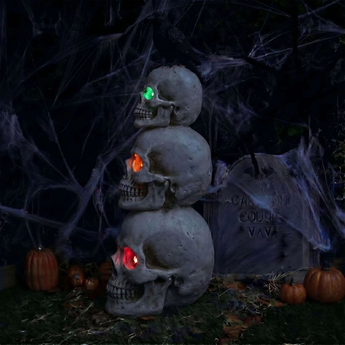 Halloween 4ft Stack of Skulls Ornament with Raven and Multicoloured LED Lights
