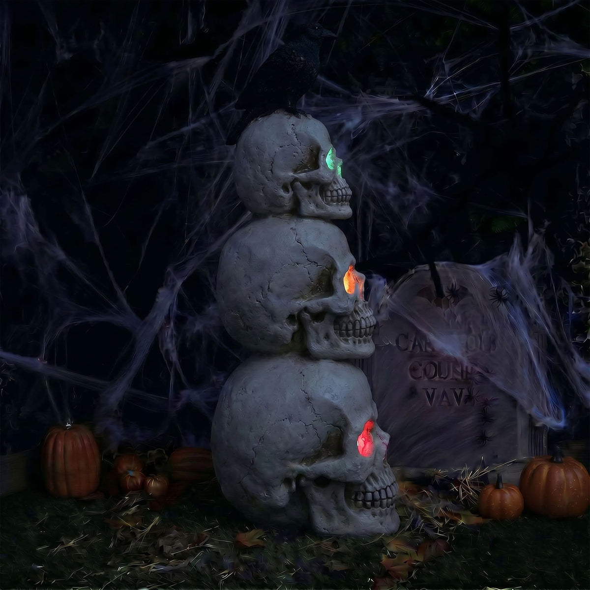 Halloween 4ft Stack of Skulls Ornament with Raven and Multicoloured LED Lights
