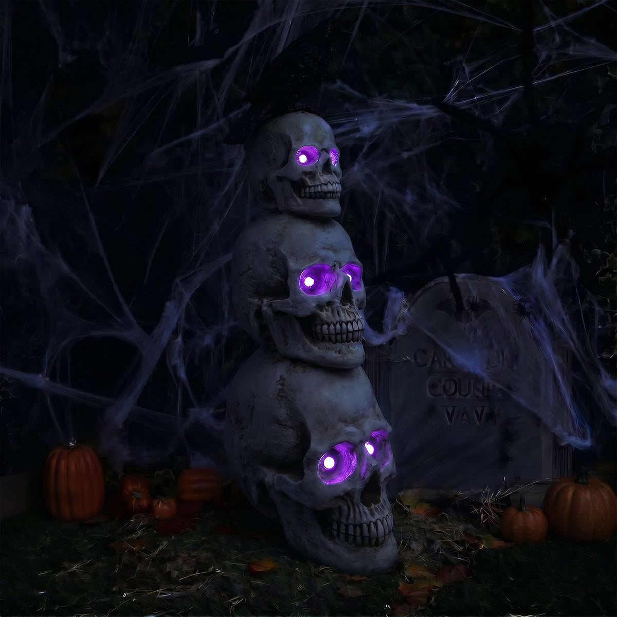 Halloween 4ft Stack of Skulls Ornament with Raven and Multicoloured LED Lights