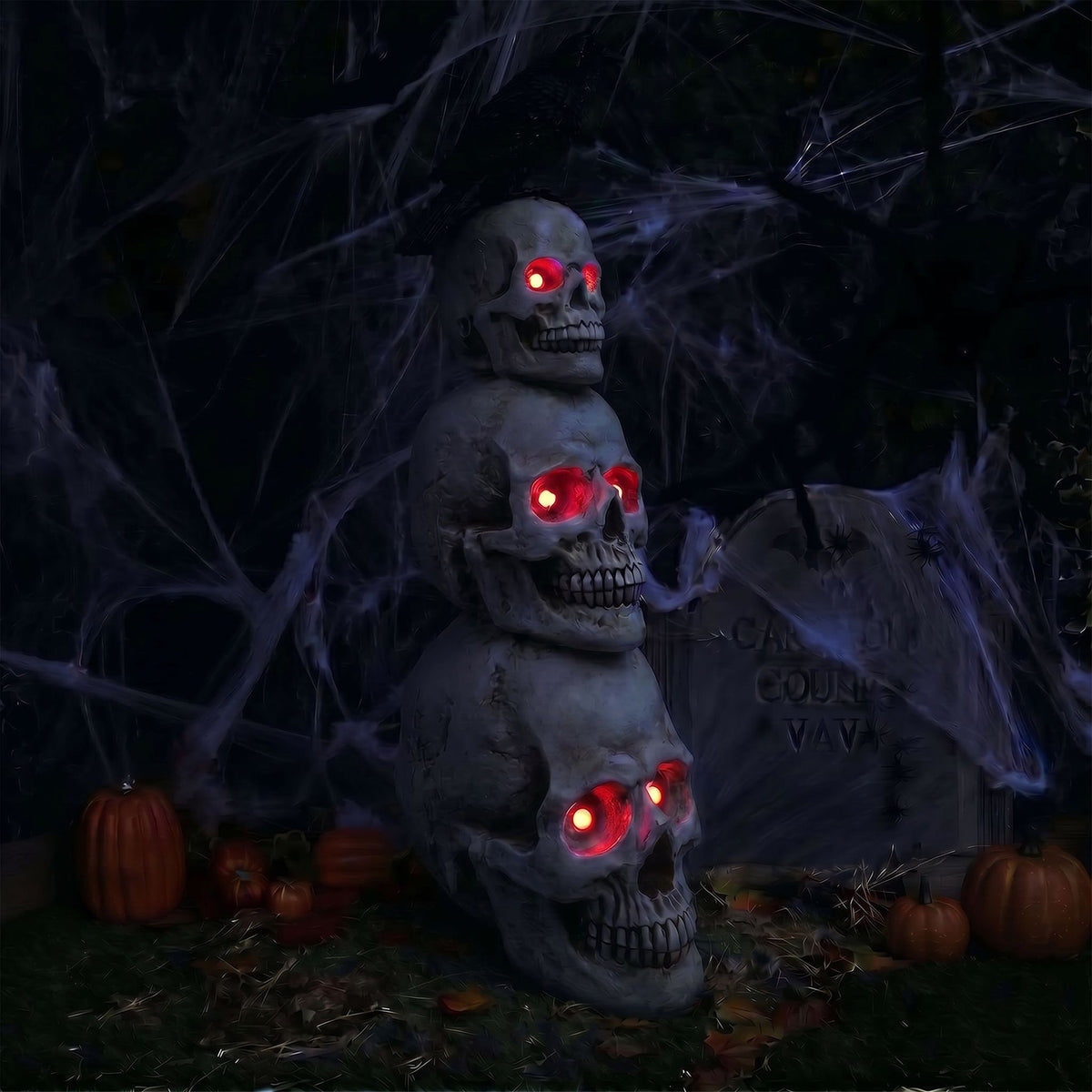 Halloween 4ft Stack of Skulls Ornament with Raven and Multicoloured LED Lights