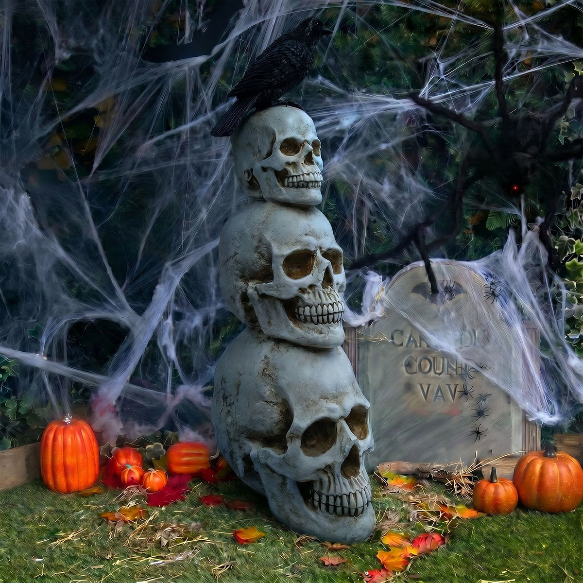Halloween 4ft Stack of Skulls Ornament with Raven and Multicoloured LED Lights