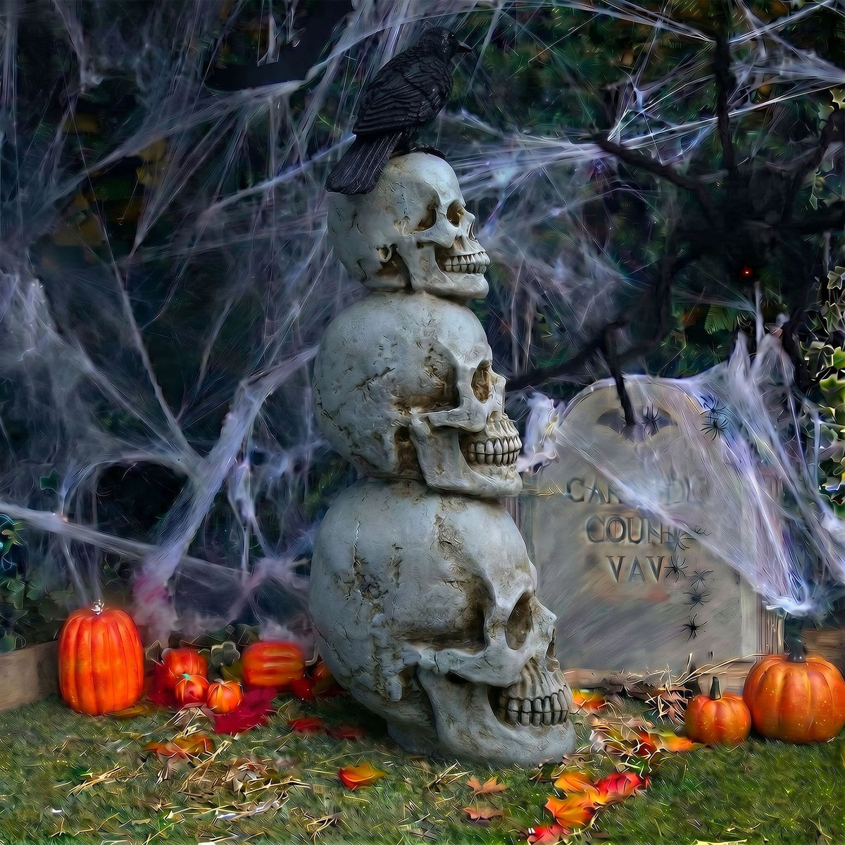 Halloween 4ft Stack of Skulls Ornament with Raven and Multicoloured LED Lights