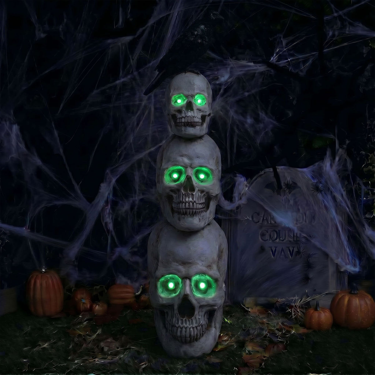 Halloween 4ft Stack of Skulls Ornament with Raven and Multicoloured LED Lights