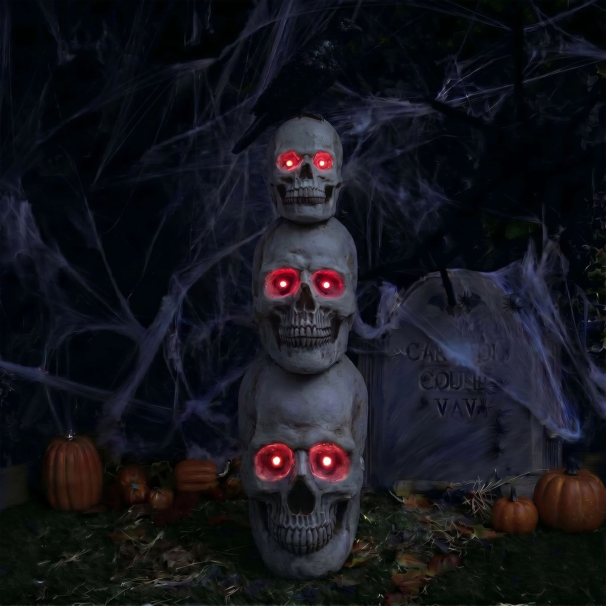 Halloween 4ft Stack of Skulls Ornament with Raven and Multicoloured LED Lights