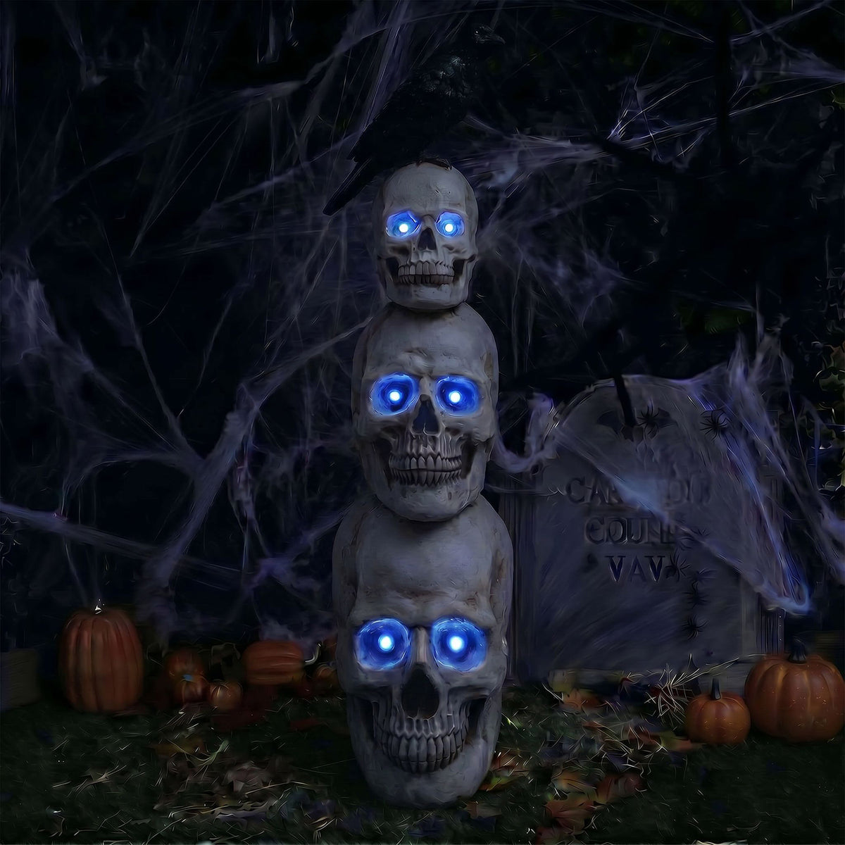 Halloween 4ft Stack of Skulls Ornament with Raven and Multicoloured LED Lights
