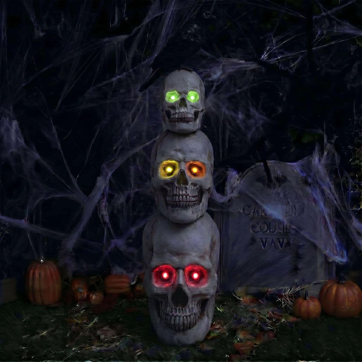 Halloween 4ft Stack of Skulls Ornament with Raven and Multicoloured LED Lights