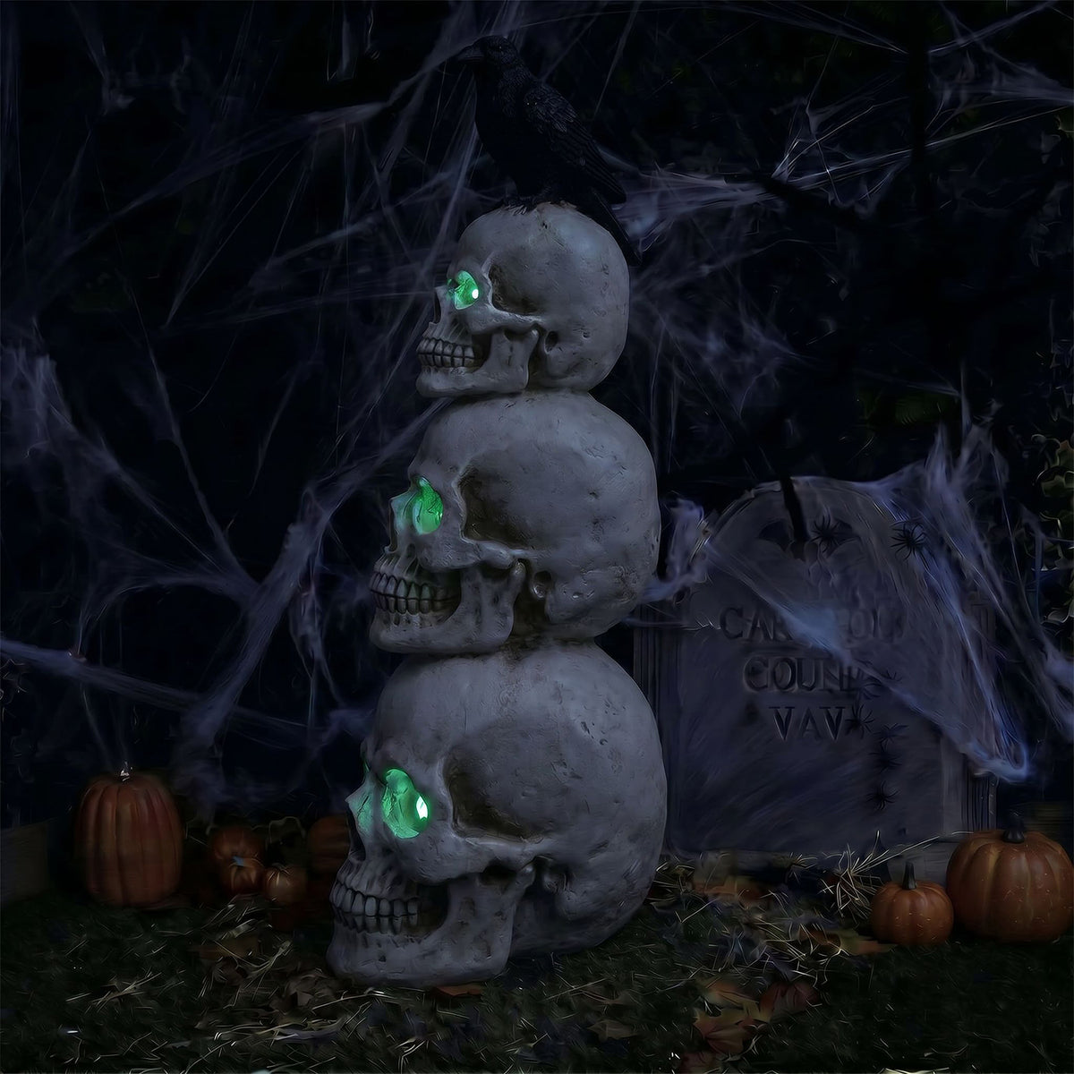 Halloween 4ft Stack of Skulls Ornament with Raven and Multicoloured LED Lights