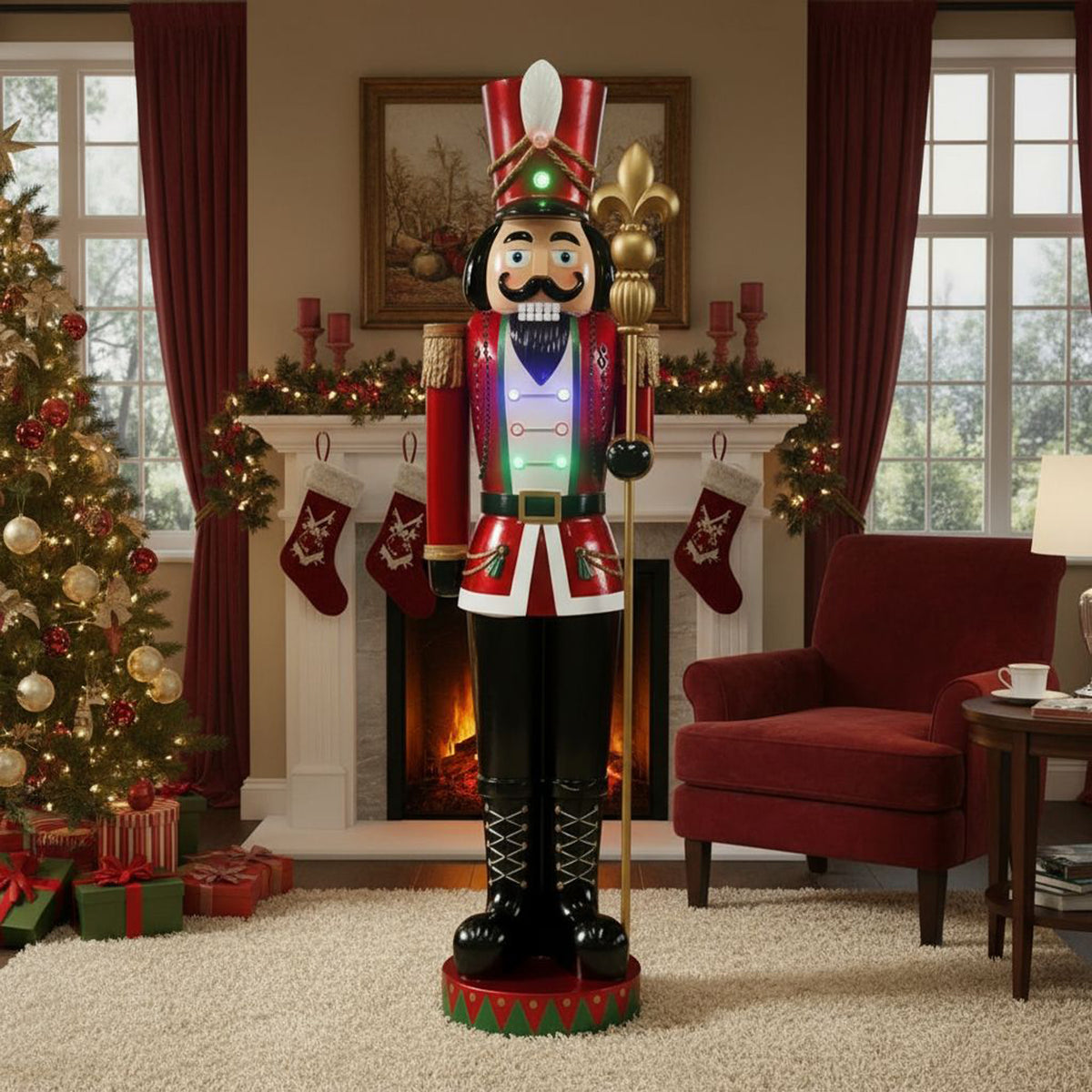 6.5ft Traditional Christmas Red Giant Nutcracker with Multi LED Lights