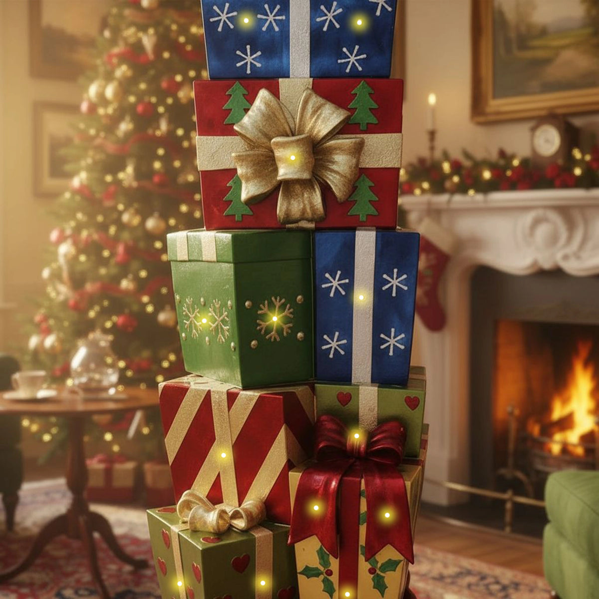 6ft Multi-Coloured Christmas Present Stack with LED Lights