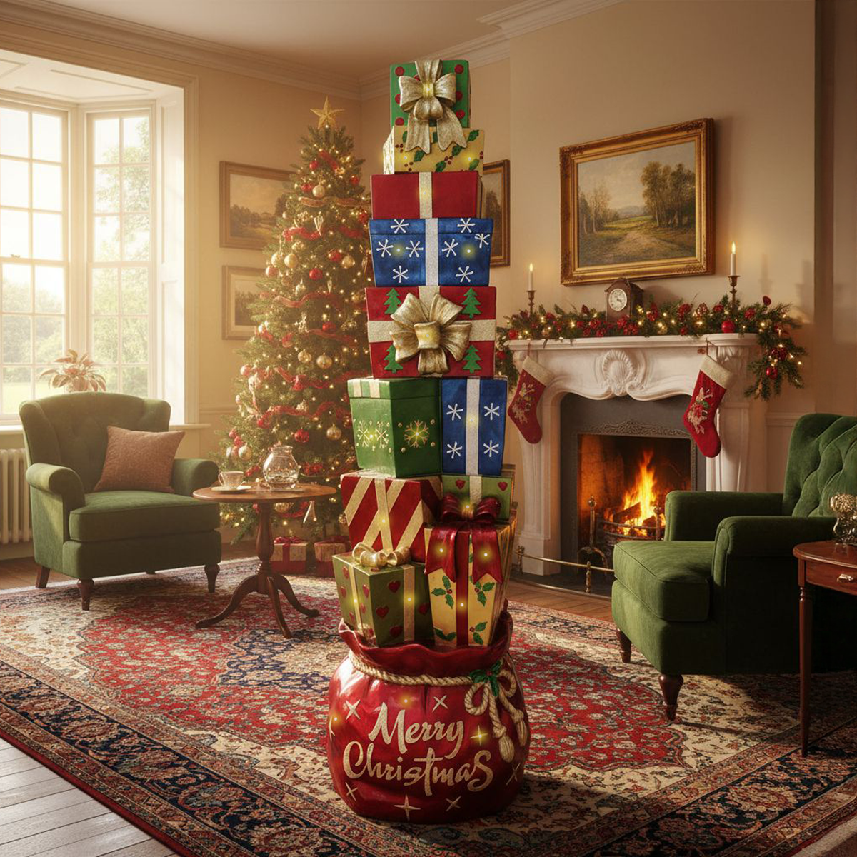 6ft Multi-Coloured Christmas Present Stack with LED Lights