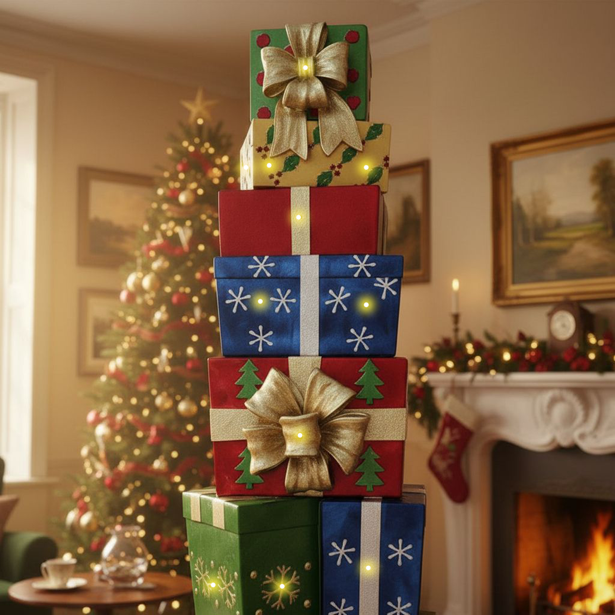 6ft Multi-Coloured Christmas Present Stack with LED Lights