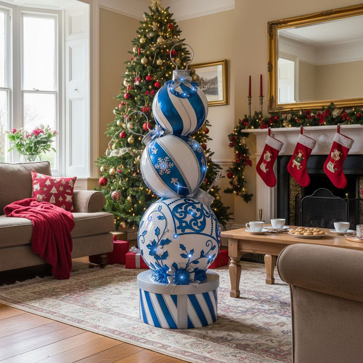 5ft Blue and White Christmas Bauble Stack with White LED Lights