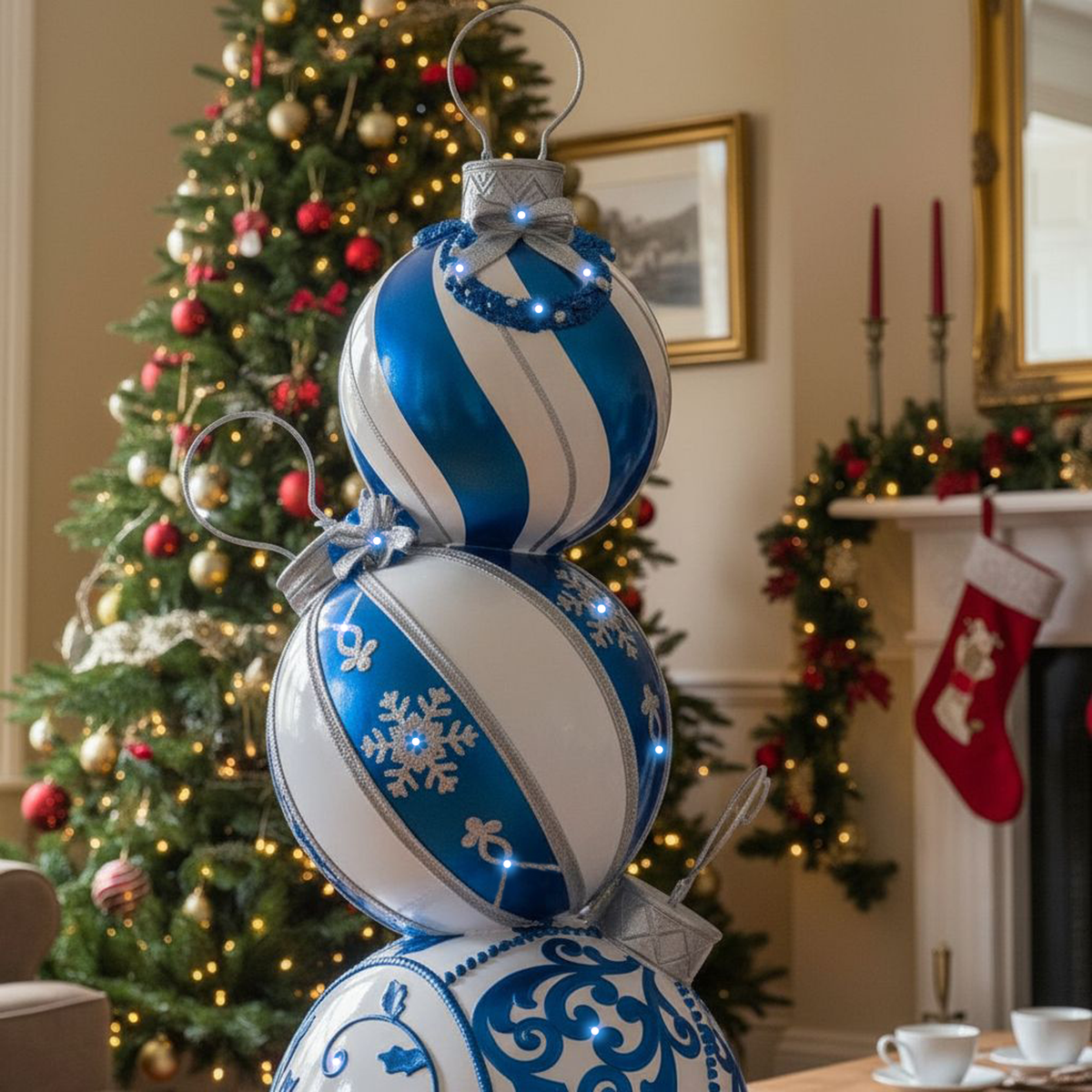 5ft Blue and White Christmas Bauble Stack with White LED Lights