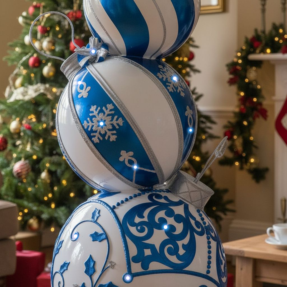 5ft Blue and White Christmas Bauble Stack with White LED Lights