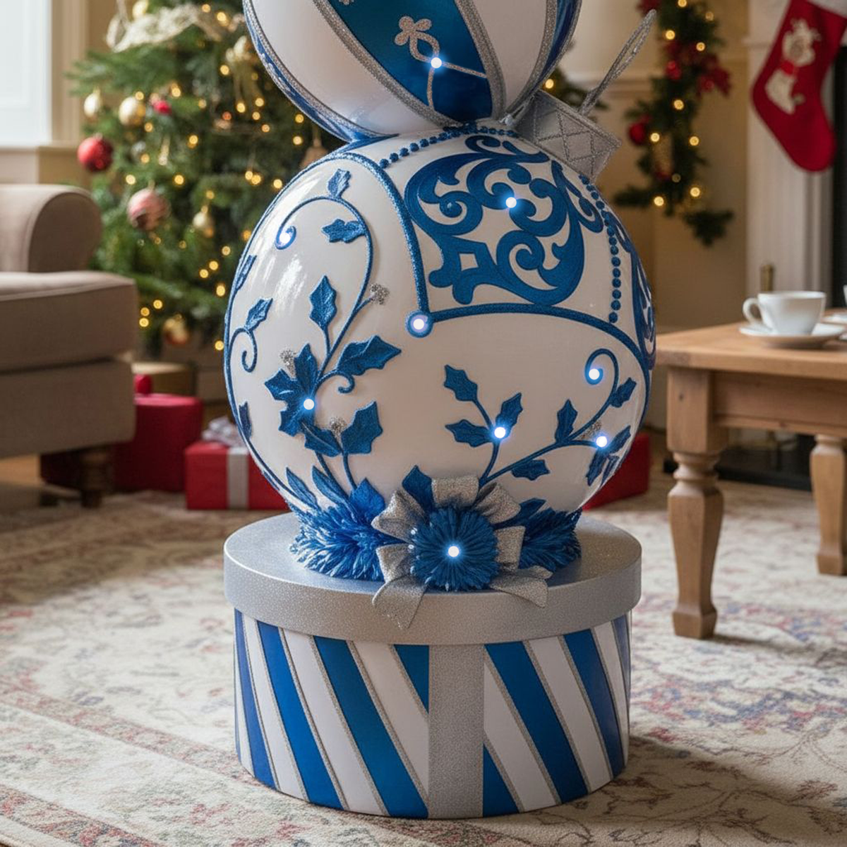 5ft Blue and White Christmas Bauble Stack with White LED Lights