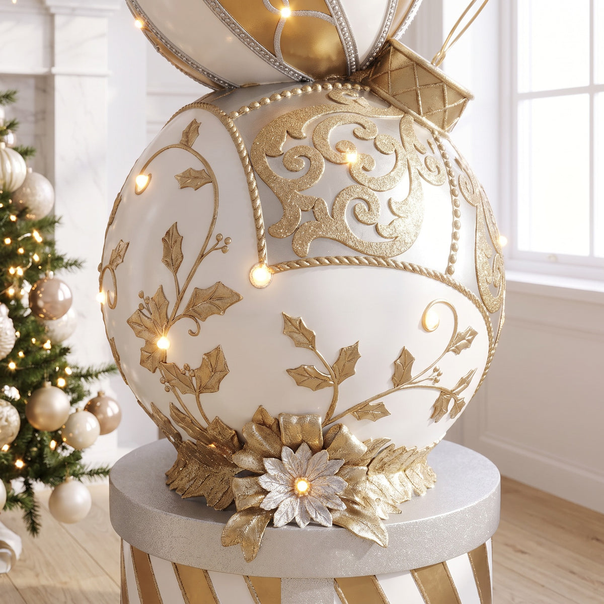 5ft Gold and White Christmas Bauble Stack with Warm White LED Lights