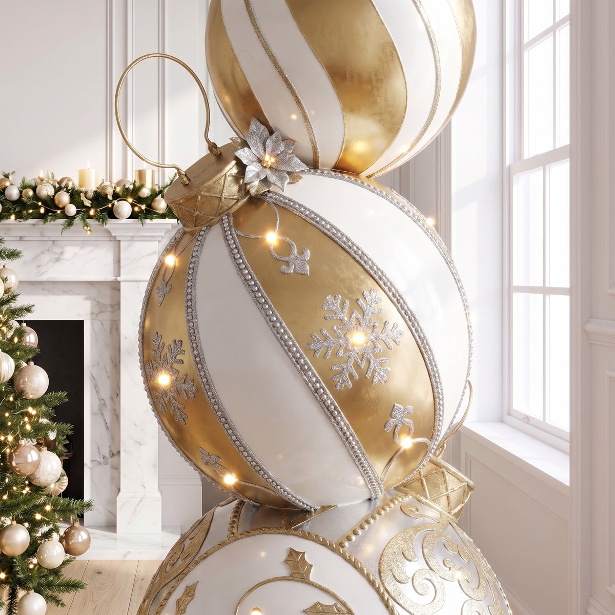 5ft Gold and White Christmas Bauble Stack with Warm White LED Lights