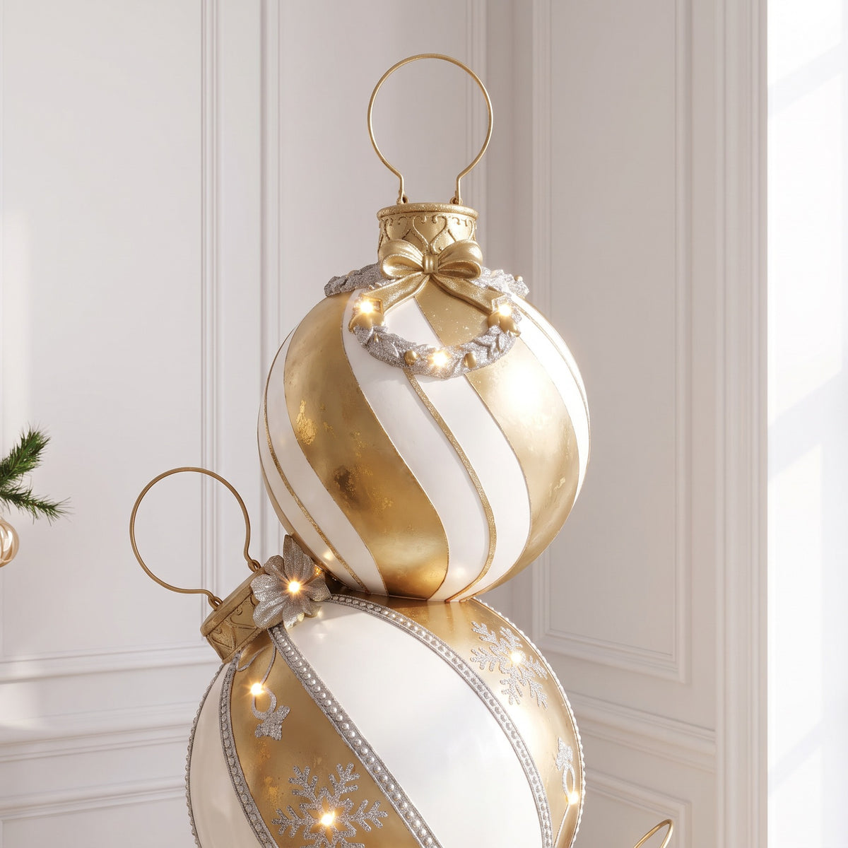 5ft Gold and White Christmas Bauble Stack with Warm White LED Lights