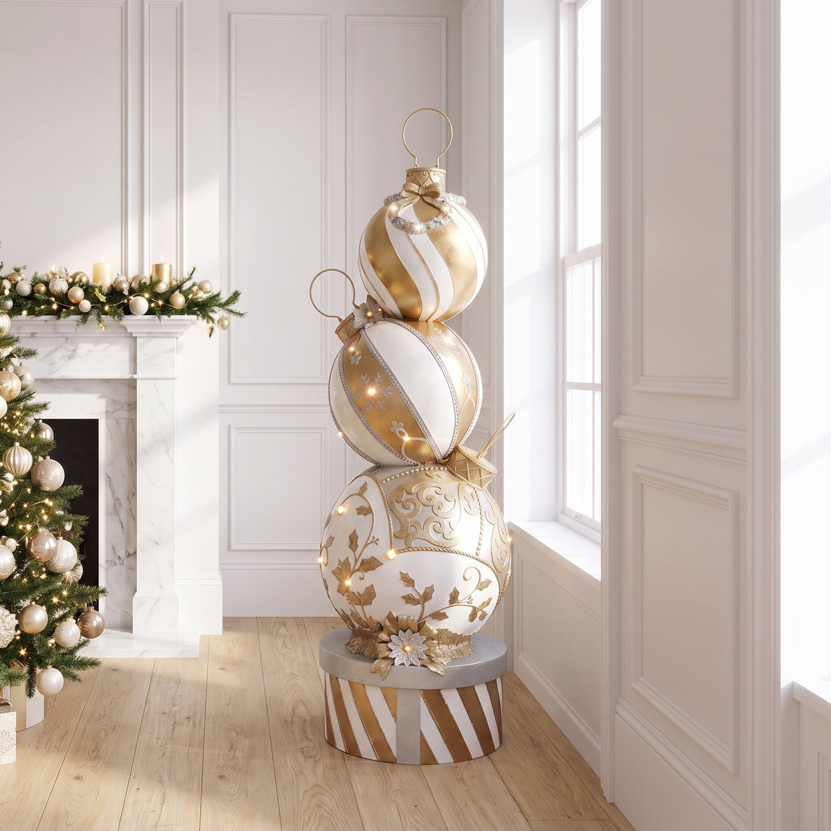 5ft Gold and White Christmas Bauble Stack with Warm White LED Lights