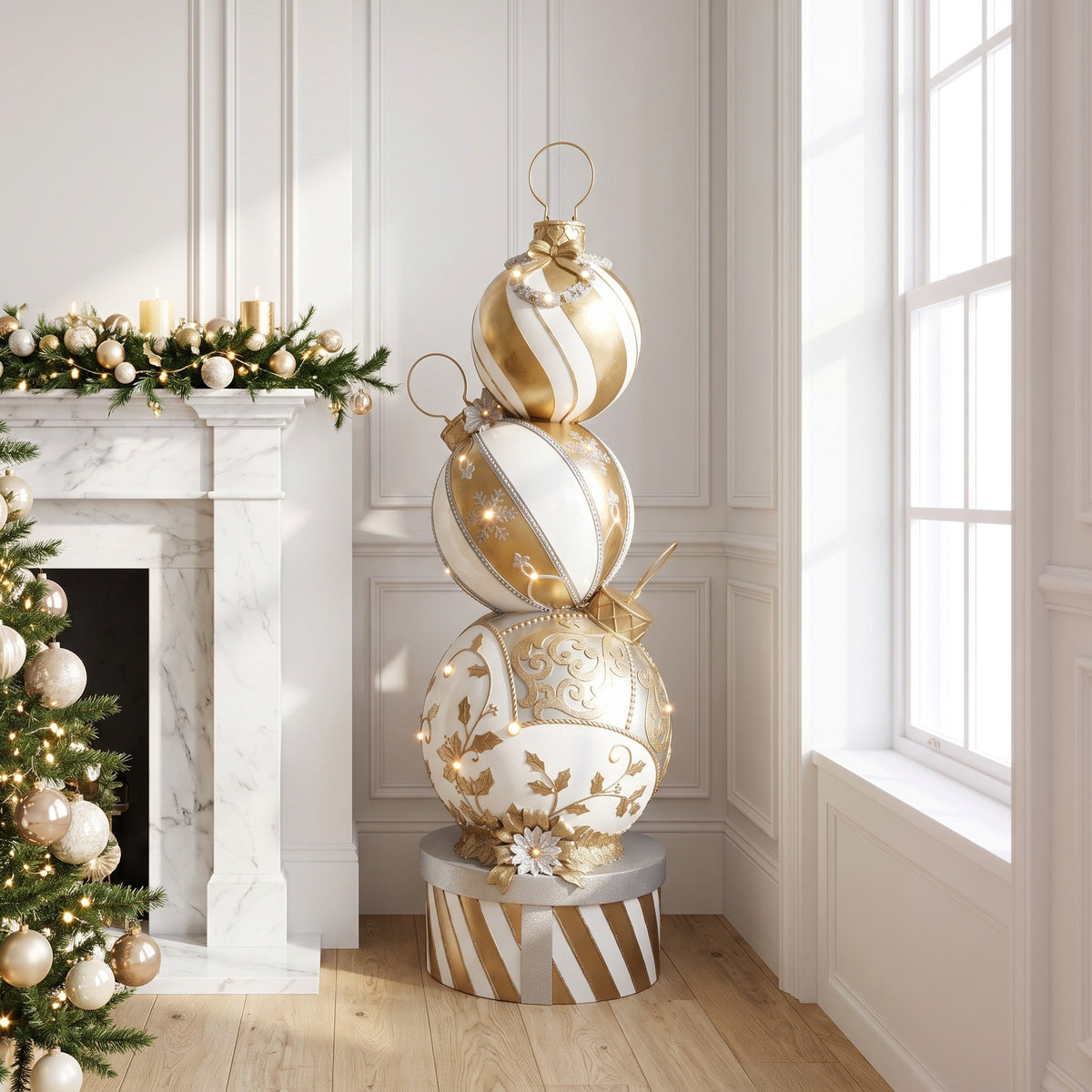 5ft Gold and White Christmas Bauble Stack with Warm White LED Lights