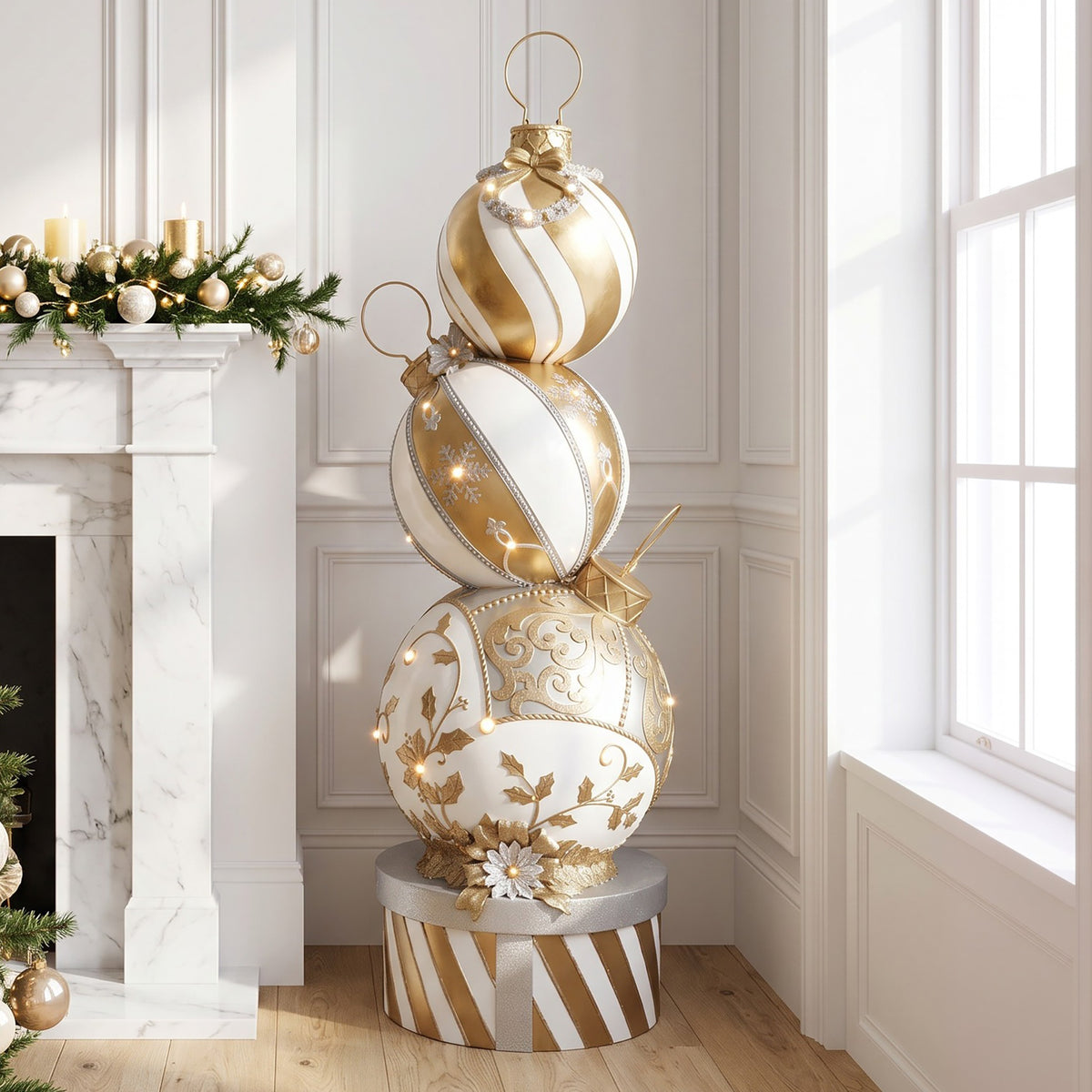 5ft Gold and White Christmas Bauble Stack with Warm White LED Lights
