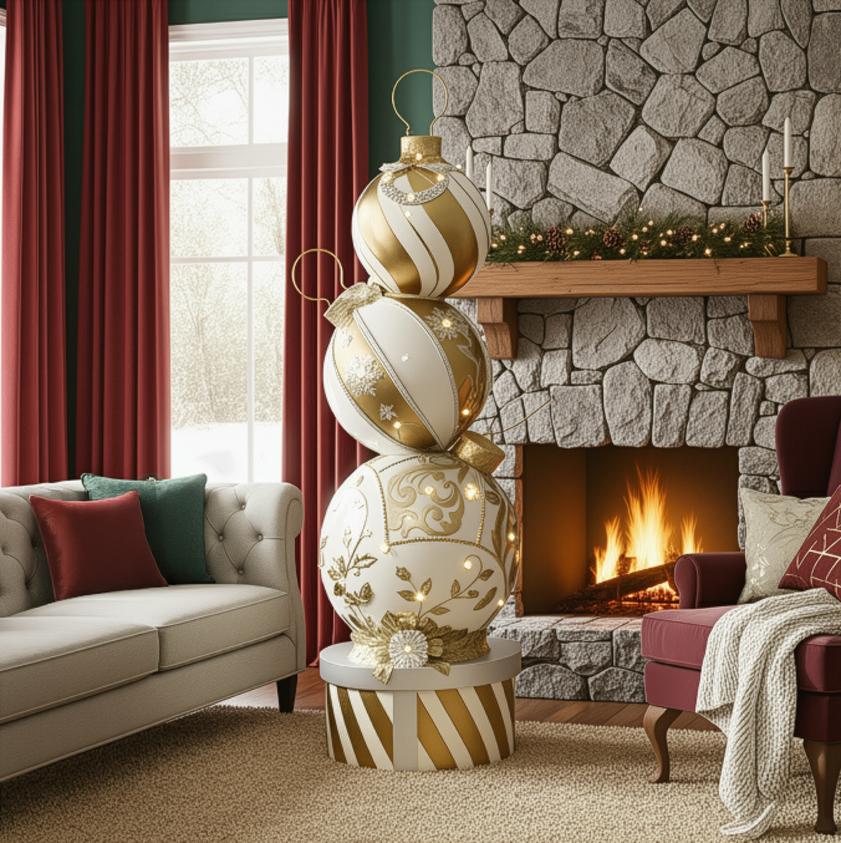 5ft Gold and White Christmas Bauble Stack with Warm White LED Lights