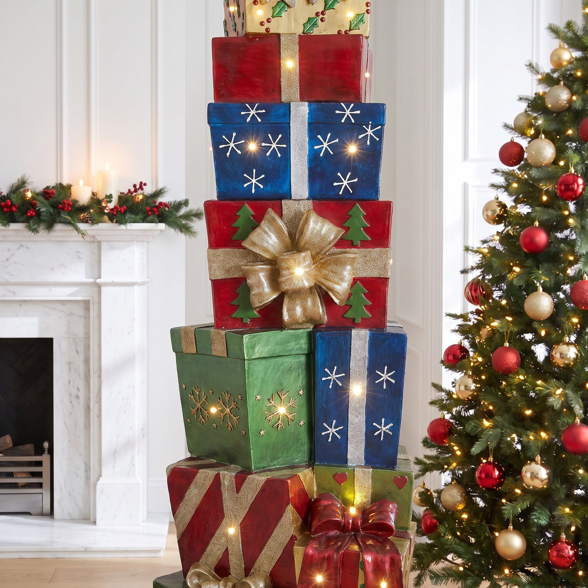 6ft Multi-Coloured Christmas Present Stack with LED Lights