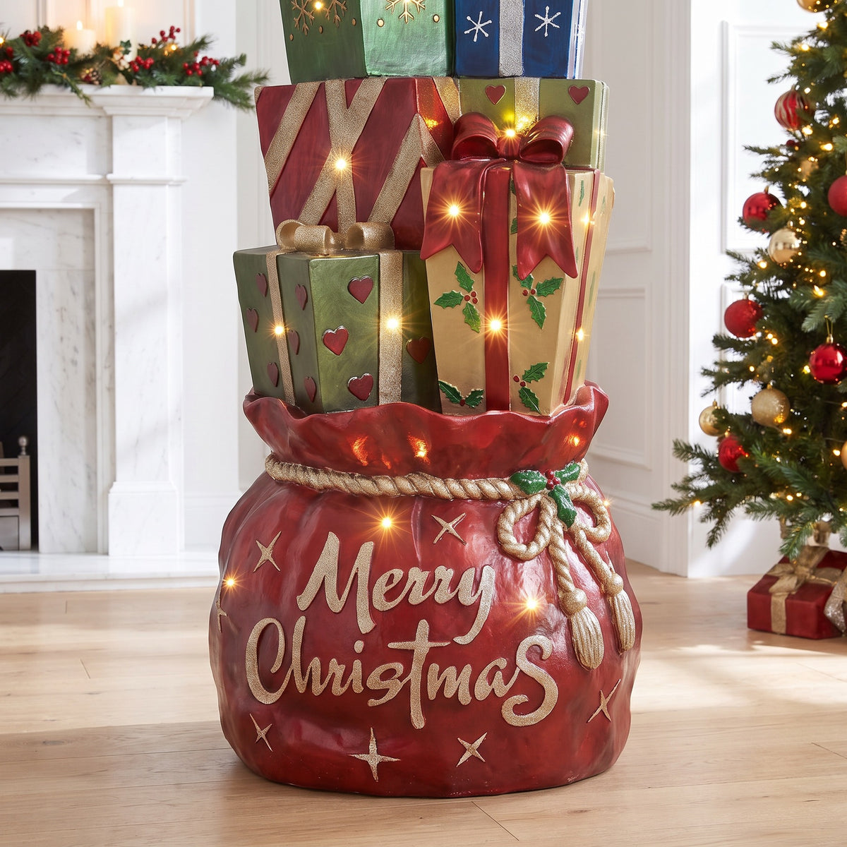 6ft Multi-Coloured Christmas Present Stack with LED Lights