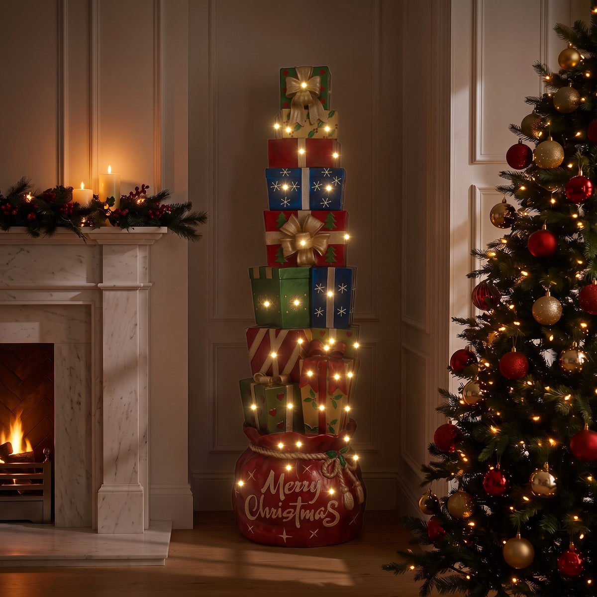 6ft Multi-Coloured Christmas Present Stack with LED Lights
