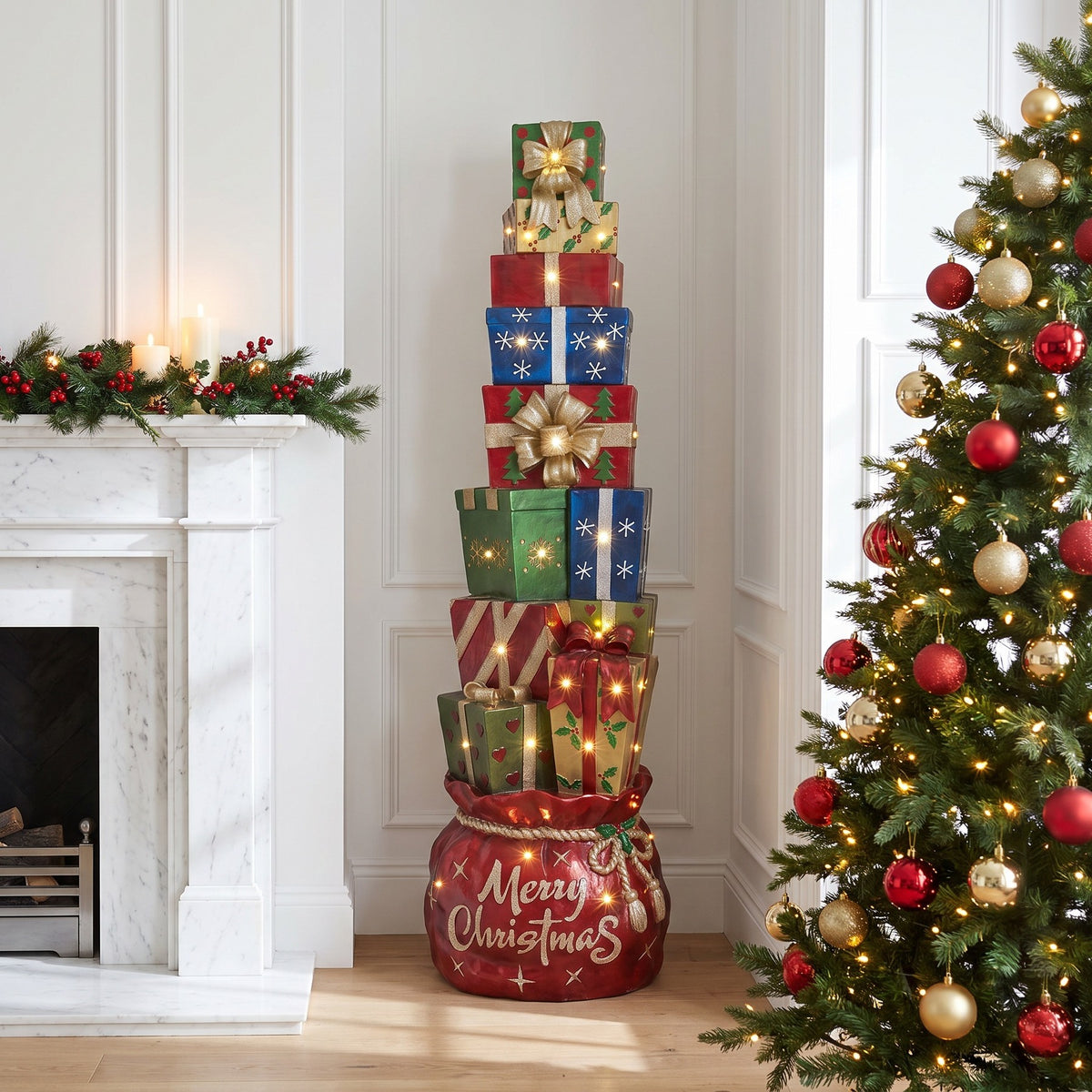 6ft Multi-Coloured Christmas Present Stack with LED Lights