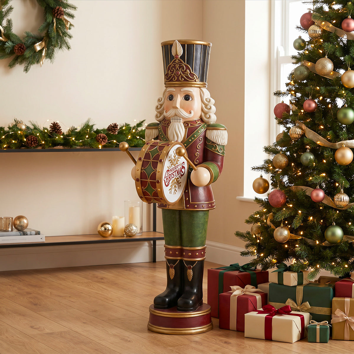 4.5ft Traditional Christmas Nutcracker Drummer with Warm White LED Lights
