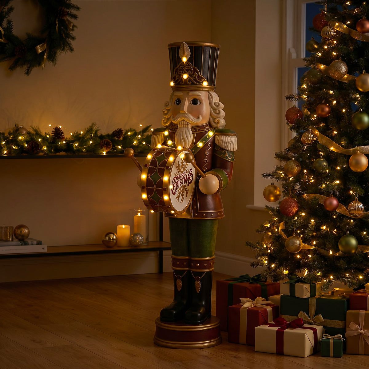 4.5ft Traditional Christmas Nutcracker Drummer with Warm White LED Lights