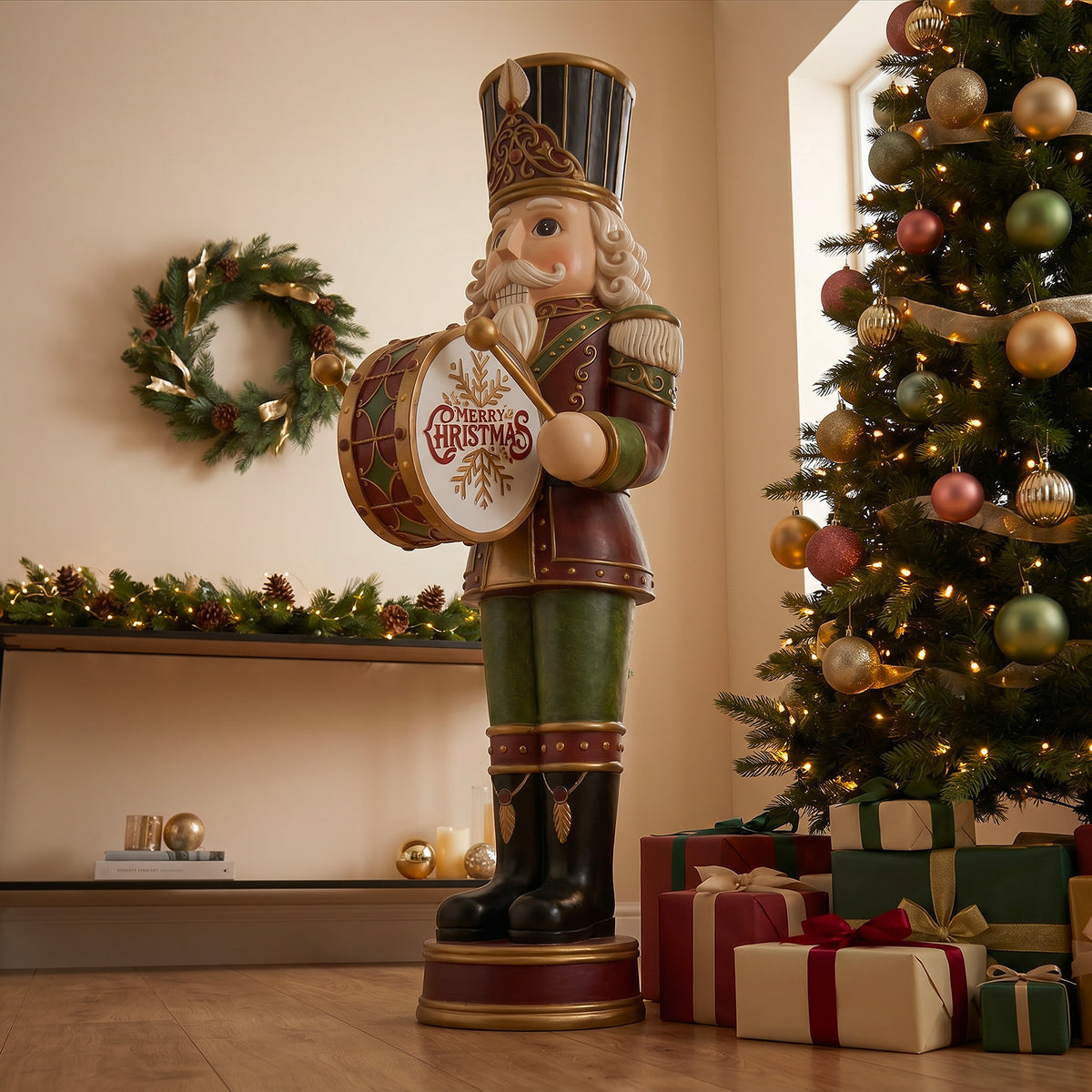 4.5ft Traditional Christmas Nutcracker Drummer with Warm White LED Lights