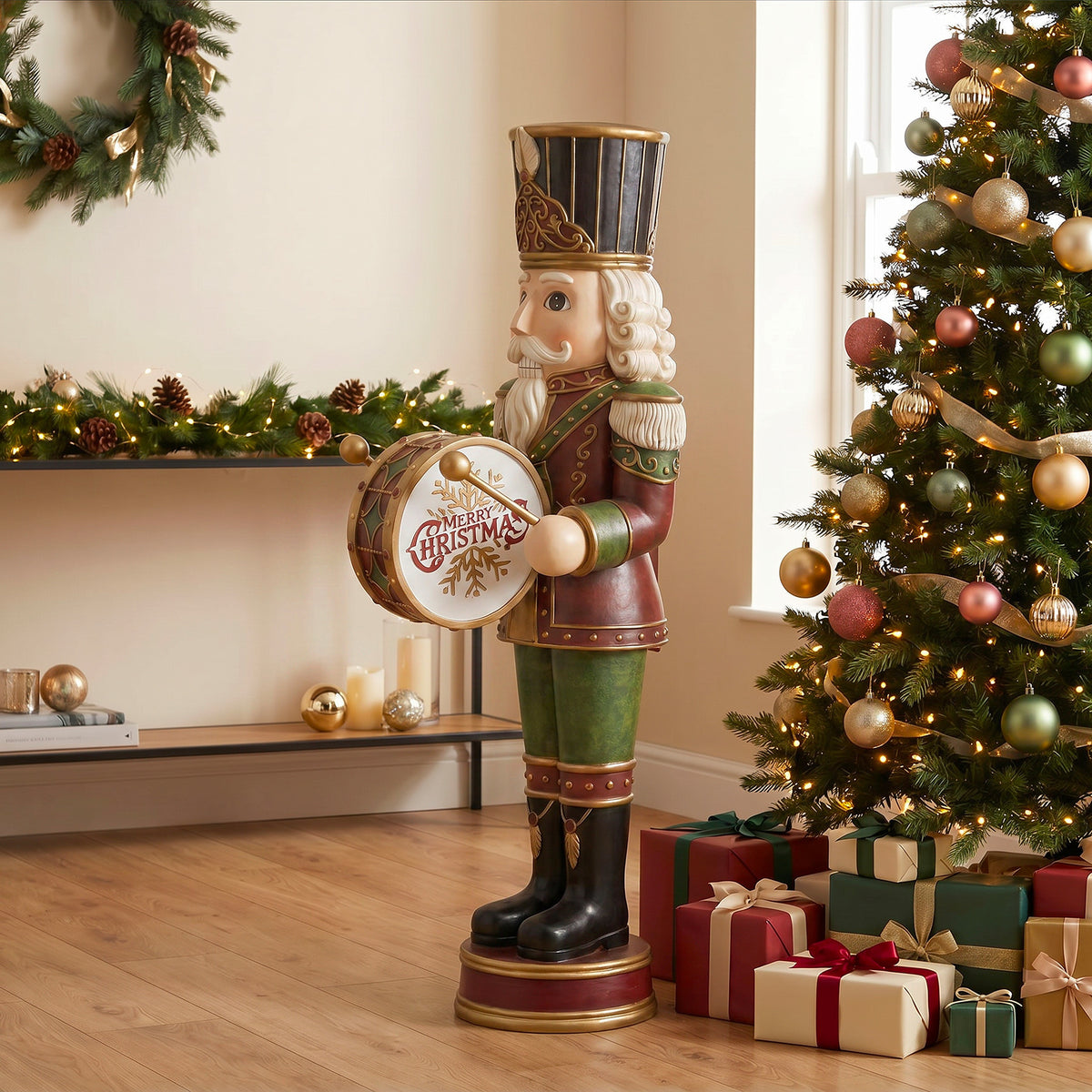 4.5ft Traditional Christmas Nutcracker Drummer with Warm White LED Lights