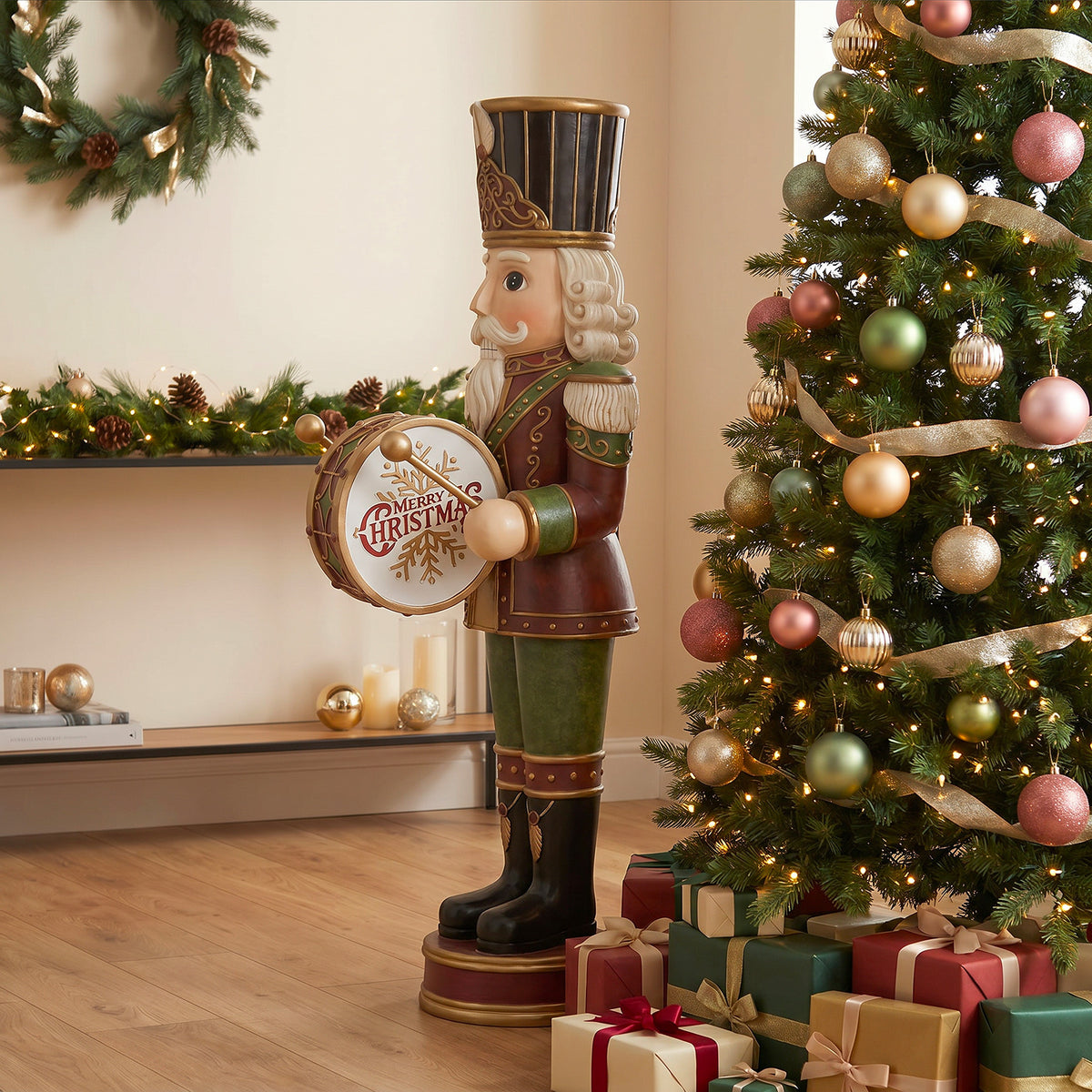 4.5ft Traditional Christmas Nutcracker Drummer with Warm White LED Lights