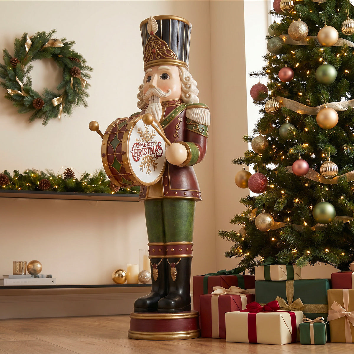 4.5ft Traditional Christmas Nutcracker Drummer with Warm White LED Lights
