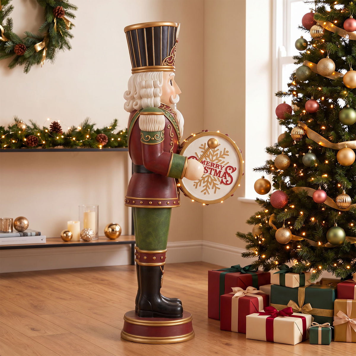 4.5ft Traditional Christmas Large Nutcracker Drummer with Warm White LED Lights