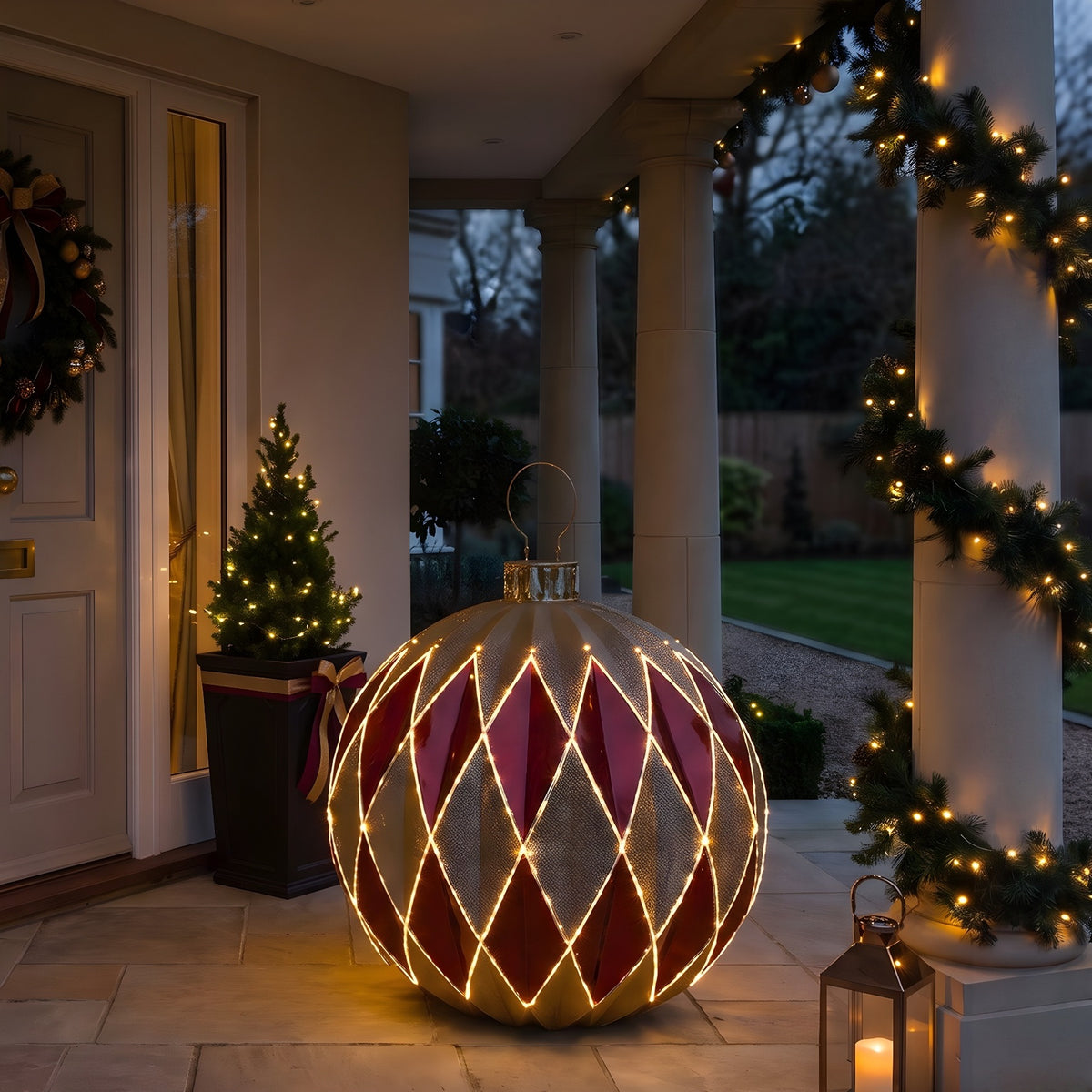 3ft Gold and Red Striped Giant Christmas Bauble with LED Strip Lights