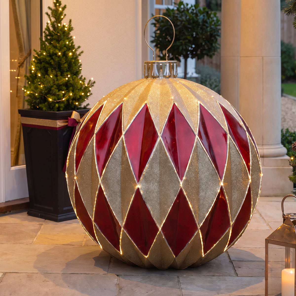 3ft Gold and Red Striped Giant Christmas Bauble with LED Strip Lights
